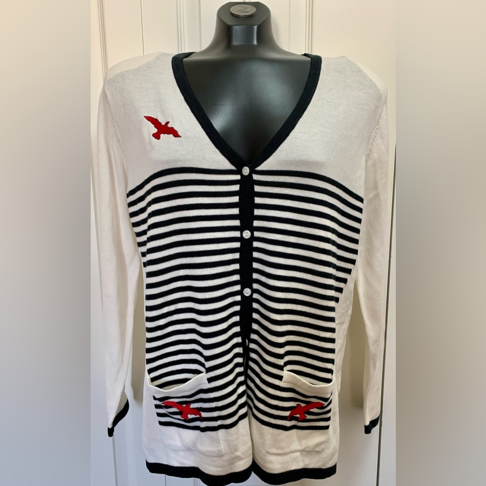 Striped Cardigan Red Flying Birds Embroidered Chest Pockets Cotton Blend Knit 🧶
